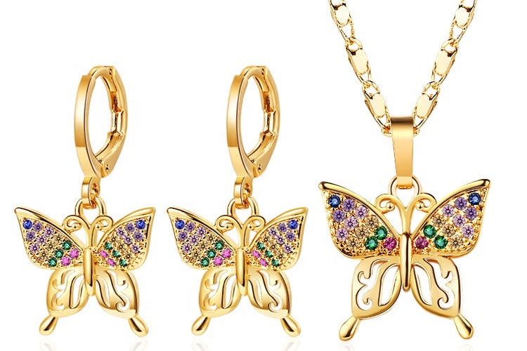 18K Gold Plated Colorful Butterfly Necklace & Earrings Jewelry Set