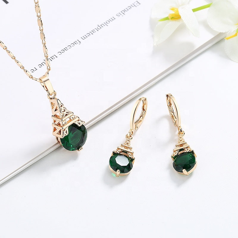 18K Gold Plated Eiffel Tower Necklace & Earrings Jewelry Set with Cubic Zirconia