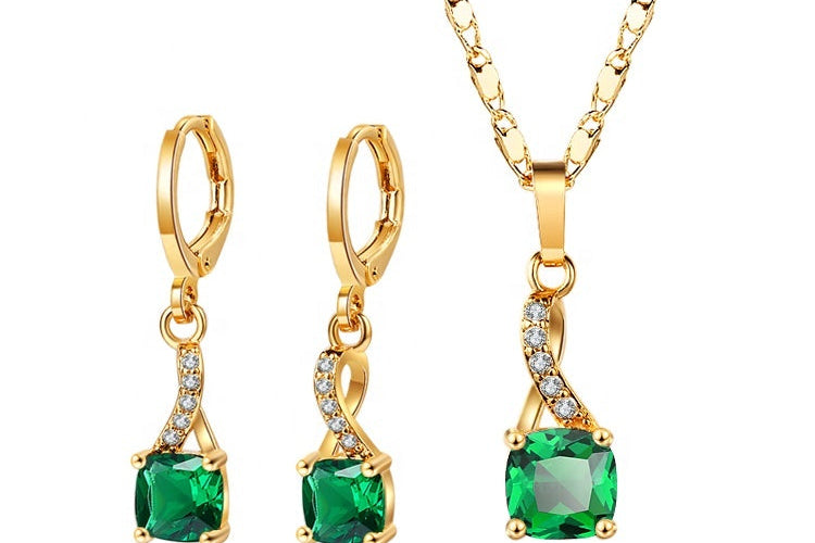 18K Gold Plated Vintage Twist Cushion-Cut Zircon Necklace & Earrings Jewelry Set