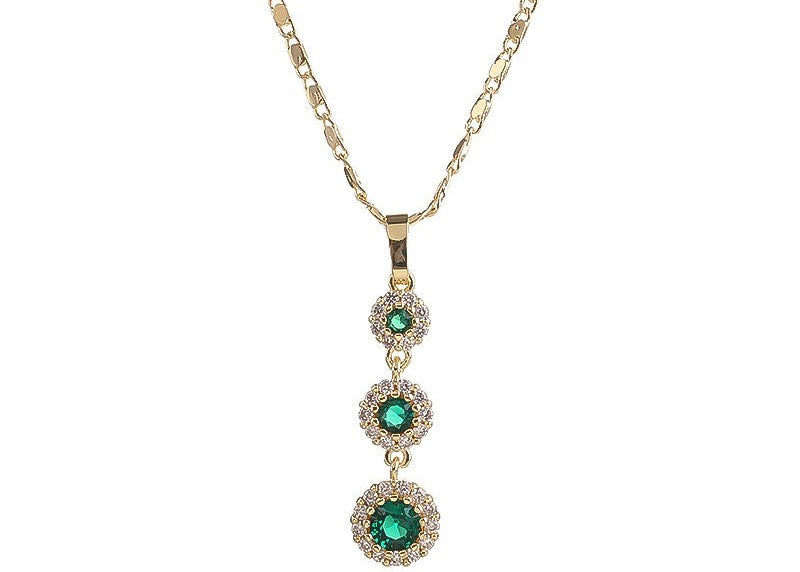 18K Gold Plated Emerald Green Tassel Halo Zircon Necklace & Earrings Jewelry Set