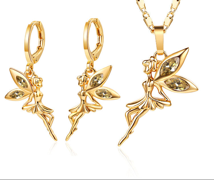 18K Gold Plated Tinkerbell Fairy Angel Necklace & Earrings Jewelry Set