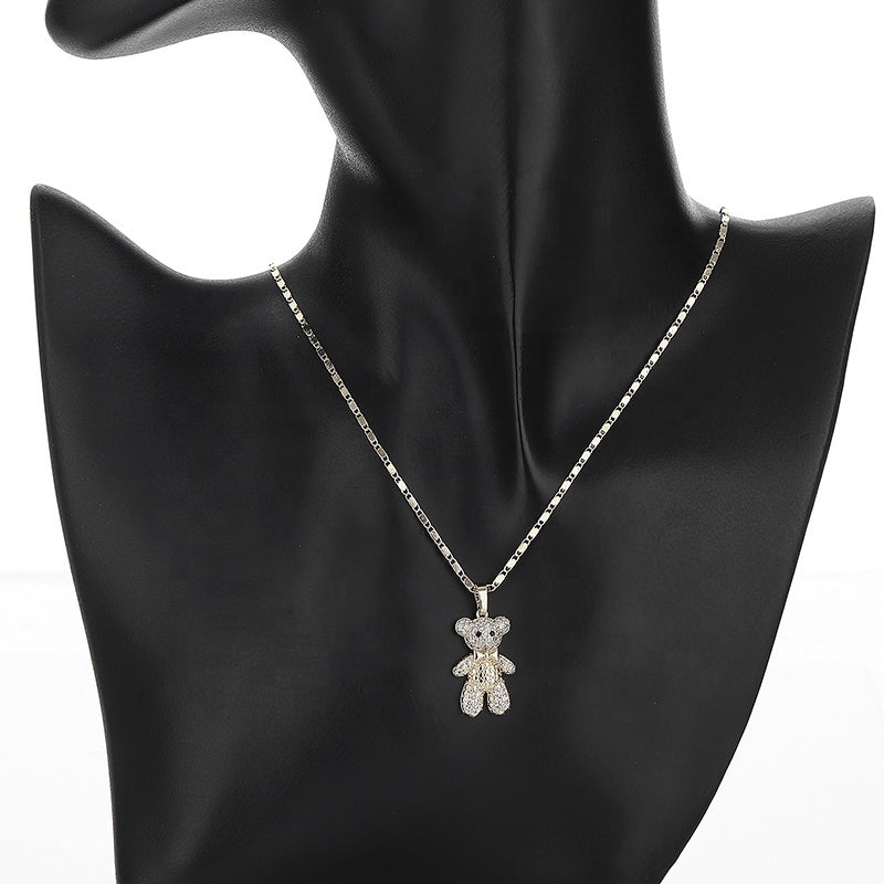 18K Gold Plated Sparkling Teddy Bear Cubic Zirconia Necklace & Earrings Jewelry Set