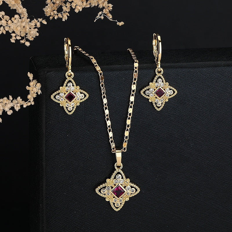 18K Gold Plated Luxury Four-Leaf Floral Cubic Zirconia Necklace & Earrings Jewelry Set