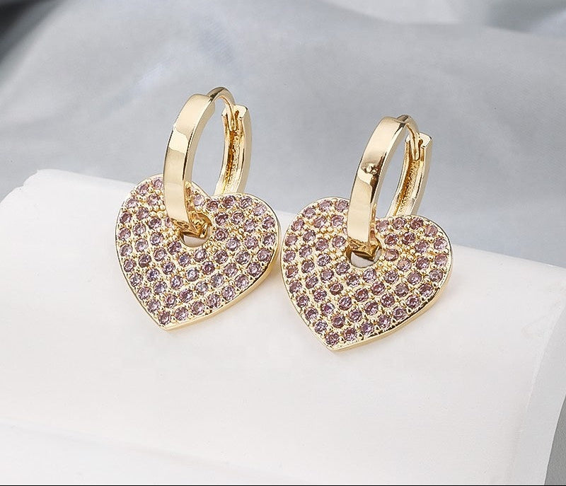 18K Gold Plated Romantic Pave Cubic Zirconia Heart Huggie Hoop Earrings