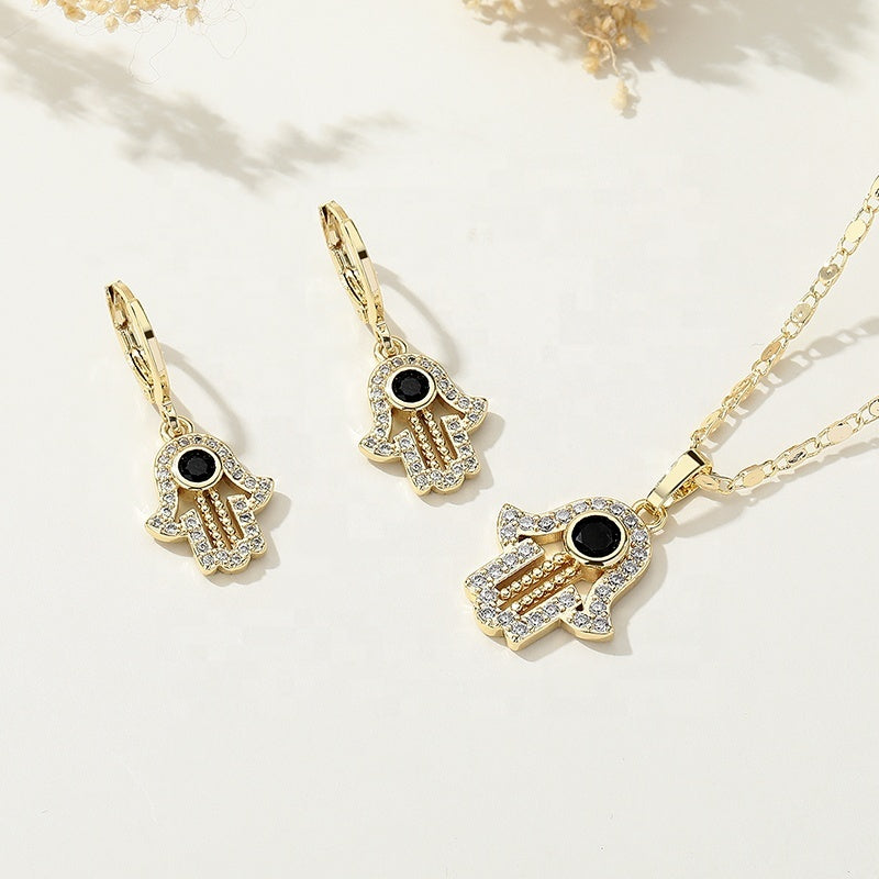 18K Gold Plated Hamsa Hand Protection Pendant Necklace & Huggie Earrings Jewelry Set