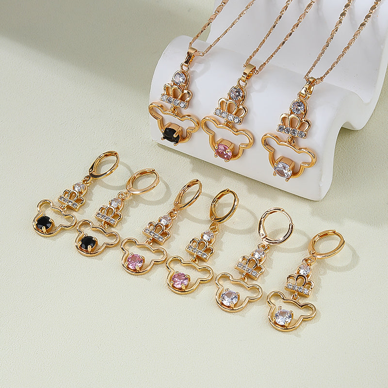 18K Gold Plated Crowned Cartoon Mouse Zircon Pendant Necklace & Earrings Jewelry Set