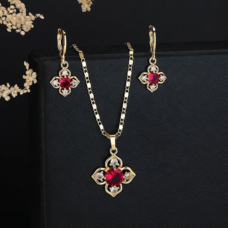 18K Gold Plated Four-Leaf Flower Crystal Pendant Necklace & Leverback Earrings Jewelry Set