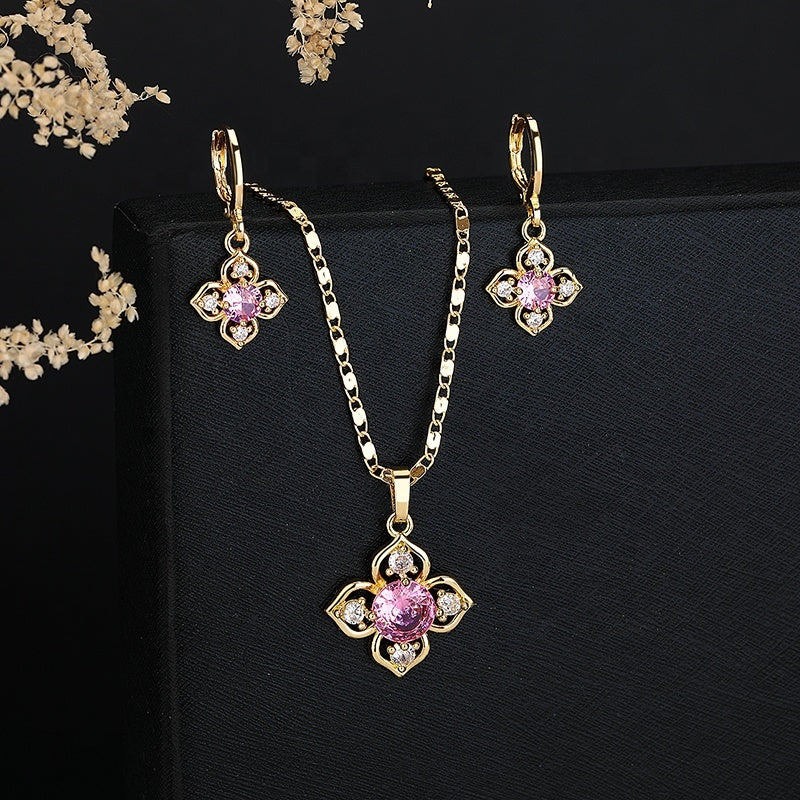 18K Gold Plated Four-Leaf Flower Crystal Pendant Necklace & Leverback Earrings Jewelry Set