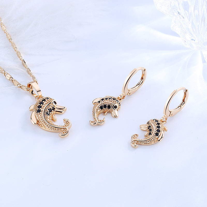 18K Gold Plated Cute Dolphin Zircon Pendant Necklace & Leverback Earrings Jewelry Set