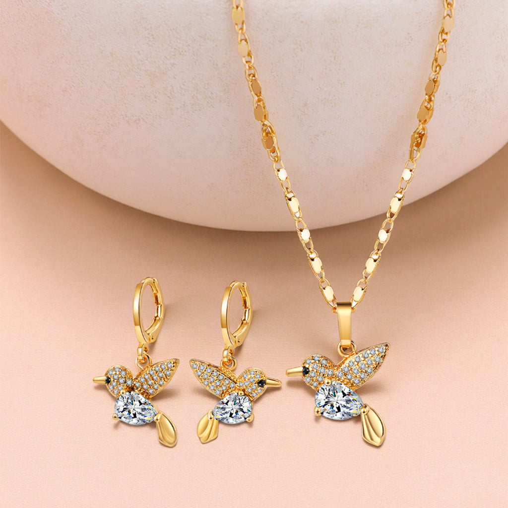 18K Gold Plated Crystal Hummingbird Heart Pendant Necklace & Drop Earrings Jewelry Set
