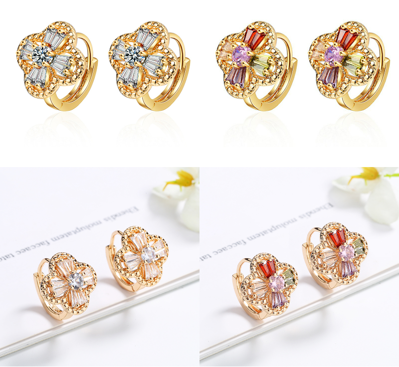 18K Gold Plated Rainbow Crystal Flower Huggie Hoop Earrings for Women