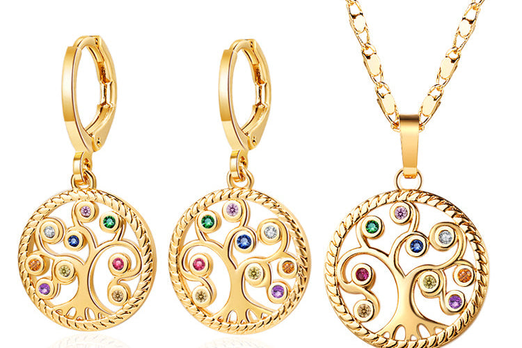 18K Gold Plated Tree of Life Jewelry Set - Necklace and Earrings with White Cubic Zirconia