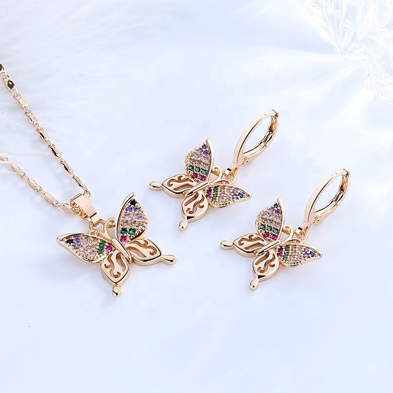 18K Gold Plated Colorful Butterfly Necklace & Earrings Jewelry Set