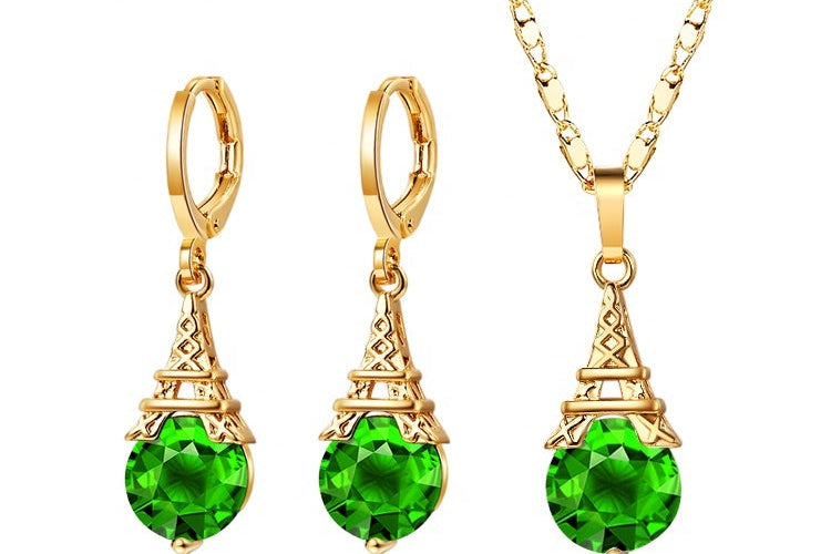 18K Gold Plated Eiffel Tower Necklace & Earrings Jewelry Set with Cubic Zirconia