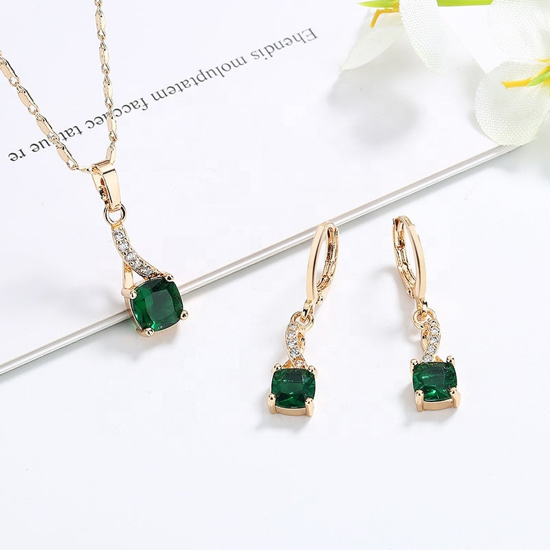 18K Gold Plated Vintage Twist Cushion-Cut Zircon Necklace & Earrings Jewelry Set