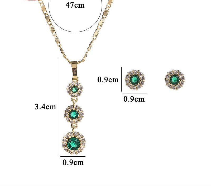 18K Gold Plated Emerald Green Tassel Halo Zircon Necklace & Earrings Jewelry Set
