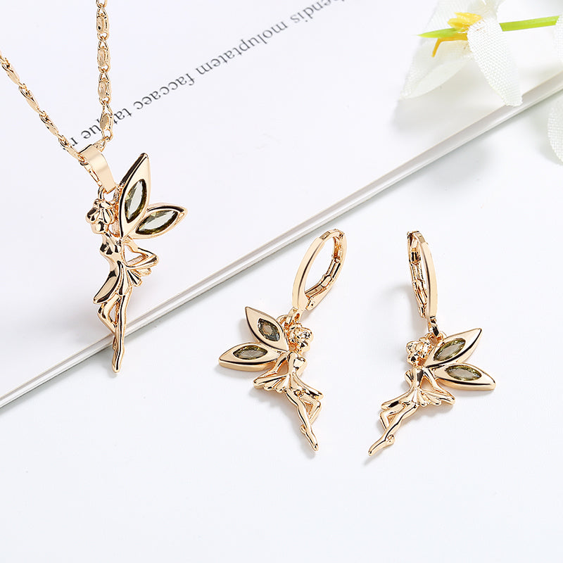 18K Gold Plated Tinkerbell Fairy Angel Necklace & Earrings Jewelry Set