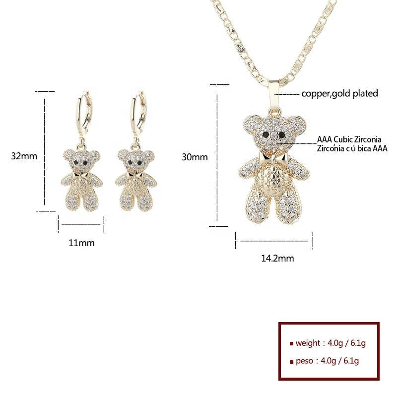 18K Gold Plated Sparkling Teddy Bear Cubic Zirconia Necklace & Earrings Jewelry Set