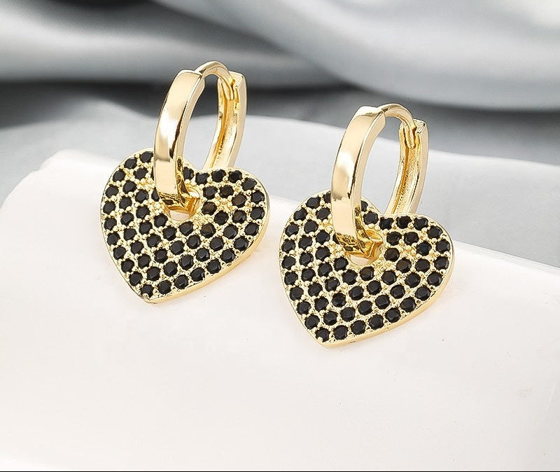 18K Gold Plated Romantic Pave Cubic Zirconia Heart Huggie Hoop Earrings
