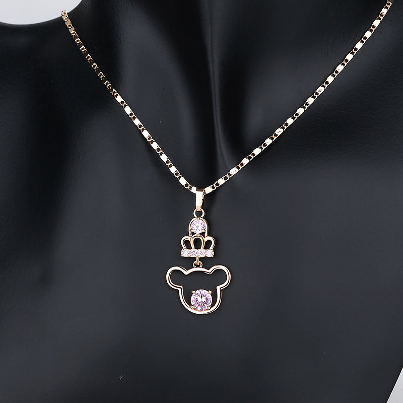 18K Gold Plated Crowned Cartoon Mouse Zircon Pendant Necklace & Earrings Jewelry Set