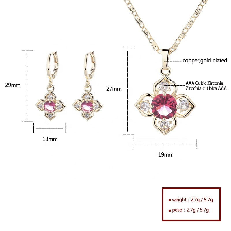 18K Gold Plated Four-Leaf Flower Crystal Pendant Necklace & Leverback Earrings Jewelry Set