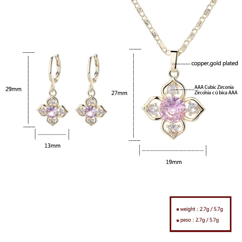 18K Gold Plated Four-Leaf Flower Crystal Pendant Necklace & Leverback Earrings Jewelry Set