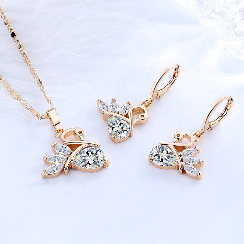18K Gold Plated Elegant Beautiful Swan Zirconia Pendant Necklace & Earrings Jewelry Set