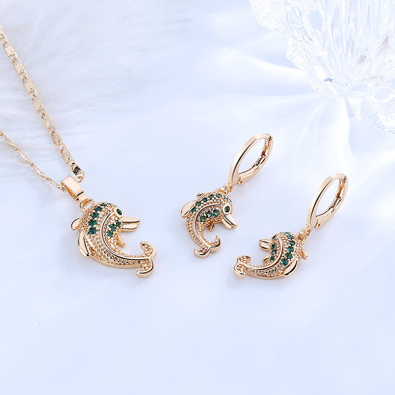 18K Gold Plated Cute Dolphin Zircon Pendant Necklace & Leverback Earrings Jewelry Set