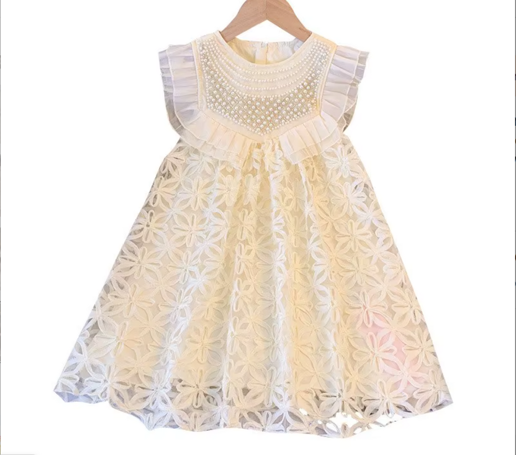 Vintage Pearl Embroidered Princess Party Dress - Premium T/C Fabric Gown