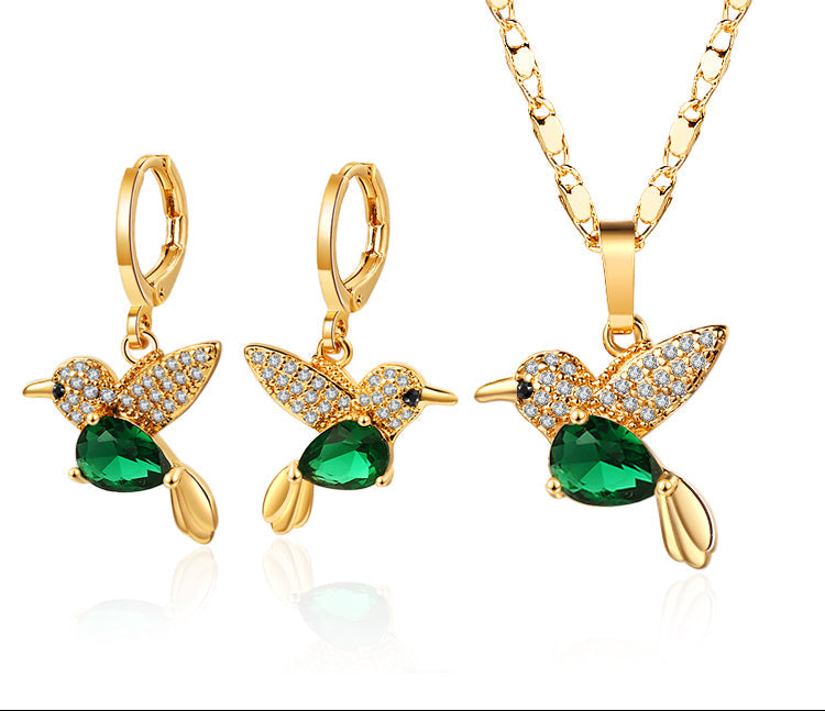 18K Gold Plated Crystal Hummingbird Heart Pendant Necklace & Drop Earrings Jewelry Set