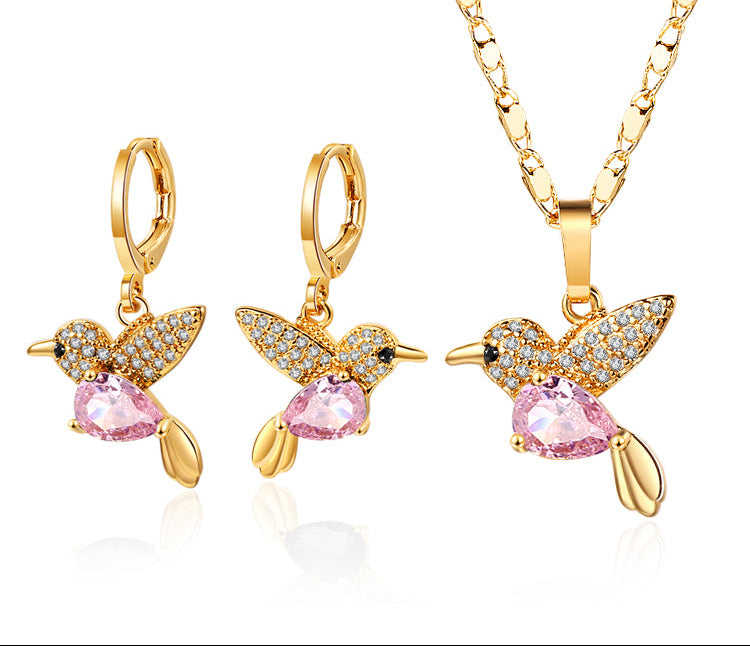 18K Gold Plated Crystal Hummingbird Heart Pendant Necklace & Drop Earrings Jewelry Set