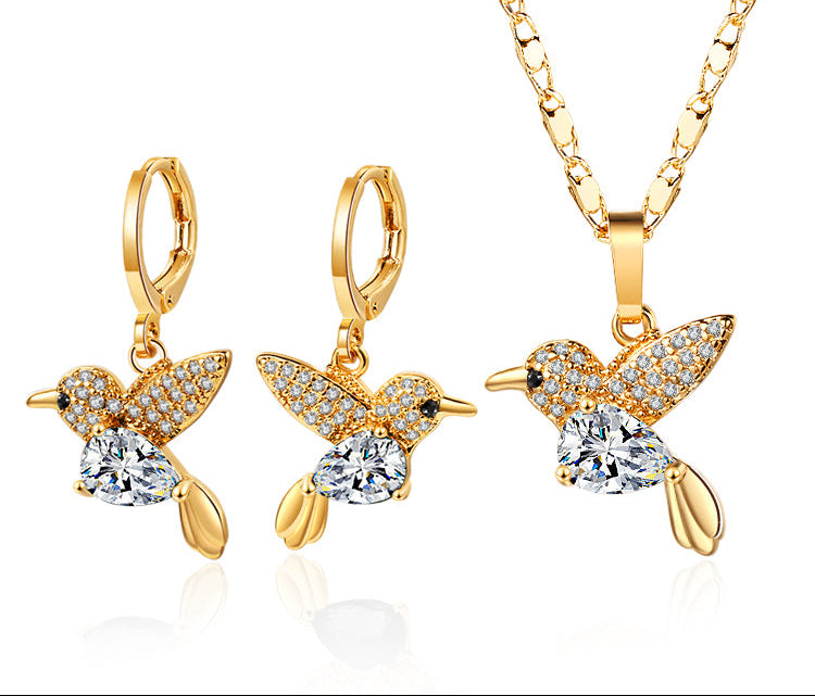 18K Gold Plated Crystal Hummingbird Heart Pendant Necklace & Drop Earrings Jewelry Set