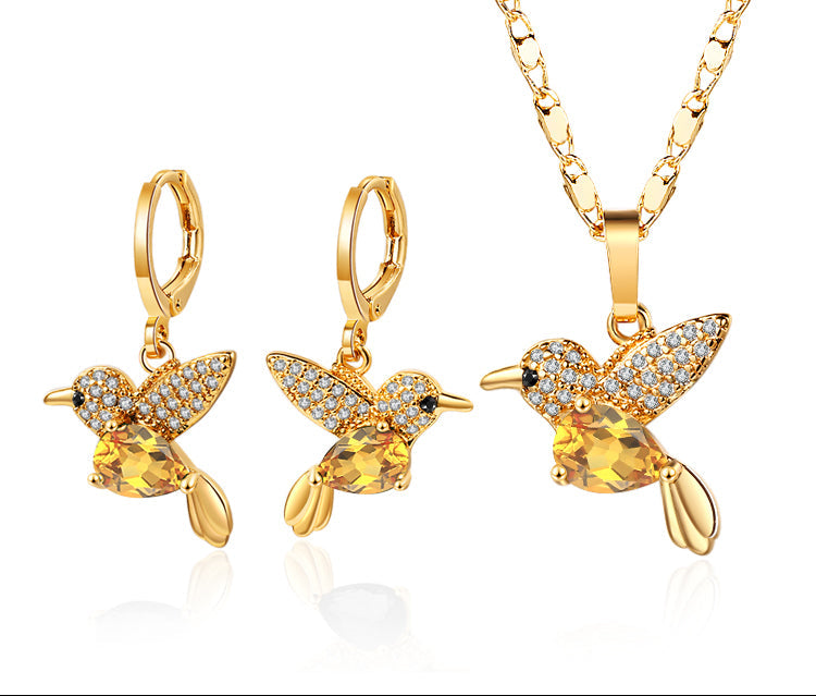 18K Gold Plated Crystal Hummingbird Heart Pendant Necklace & Drop Earrings Jewelry Set